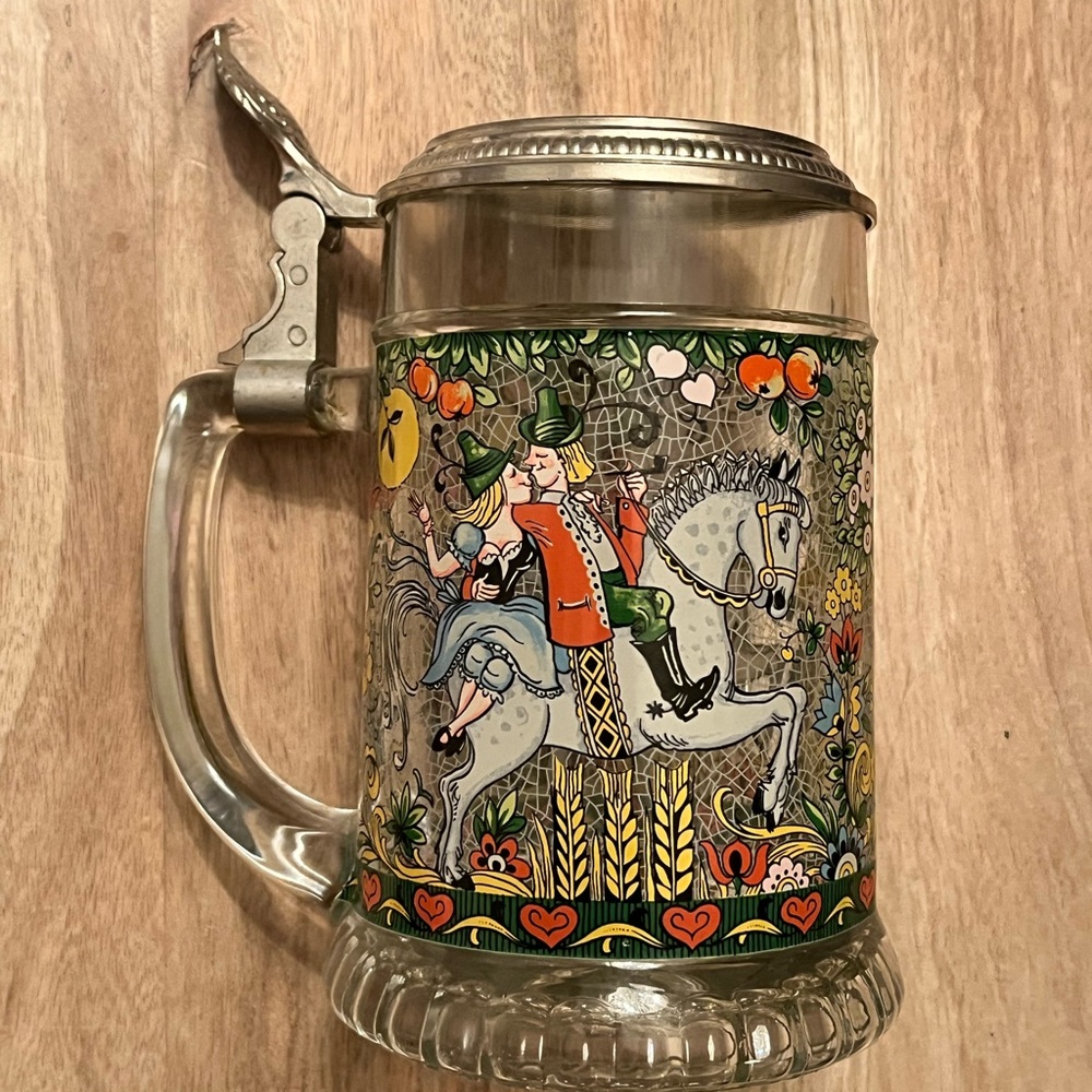 Authentic West German Colorful Glass Beer Stein with Lid